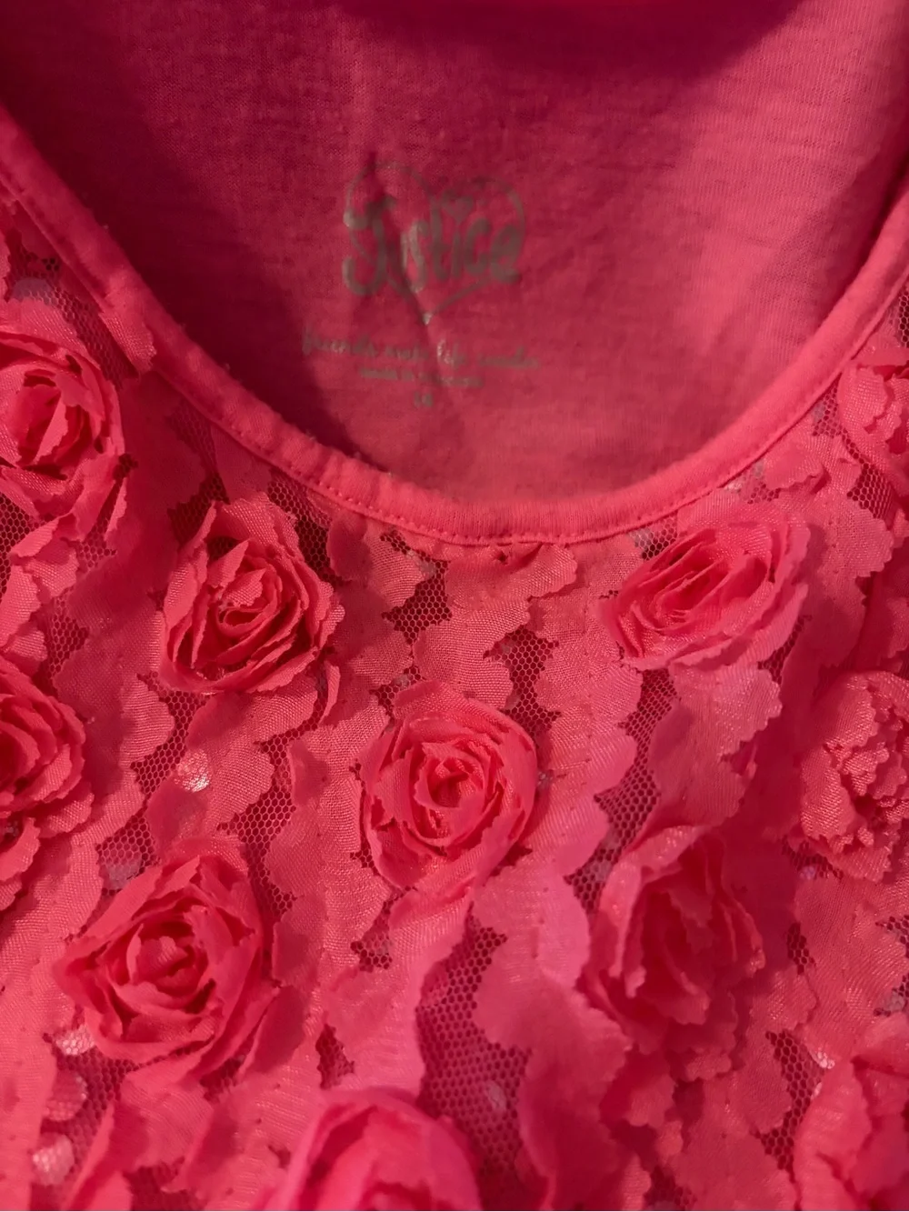 Justice Pink Floral Lace Tank with 3D Rosettes